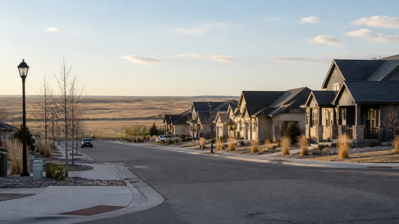 An edge-of-town Brighton street with newer homes and open prairie behind them