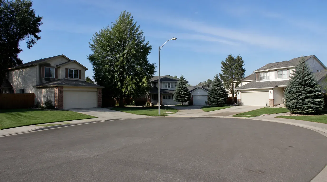 A Thornton cul-de-sac with two-story homes from the 1990s and tidy front lawns