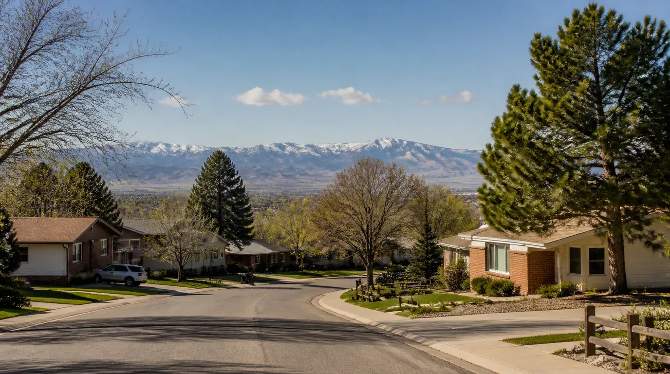 A residential street in Westminster with brick ranch and split-level homes, mature trees and the Front Range on the horizon