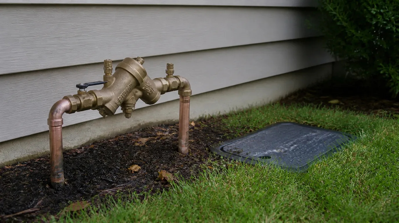 A brass backflow preventer on a lawn beside a house with an irrigation valve box nearby