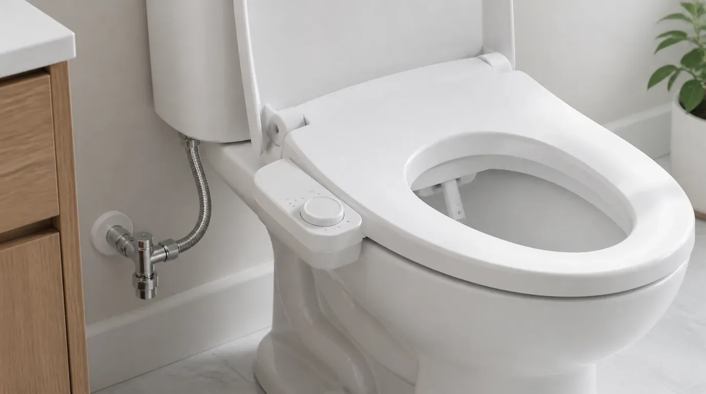 A bidet seat attachment on a white toilet in a bright bathroom with a T-valve and braided supply line visible