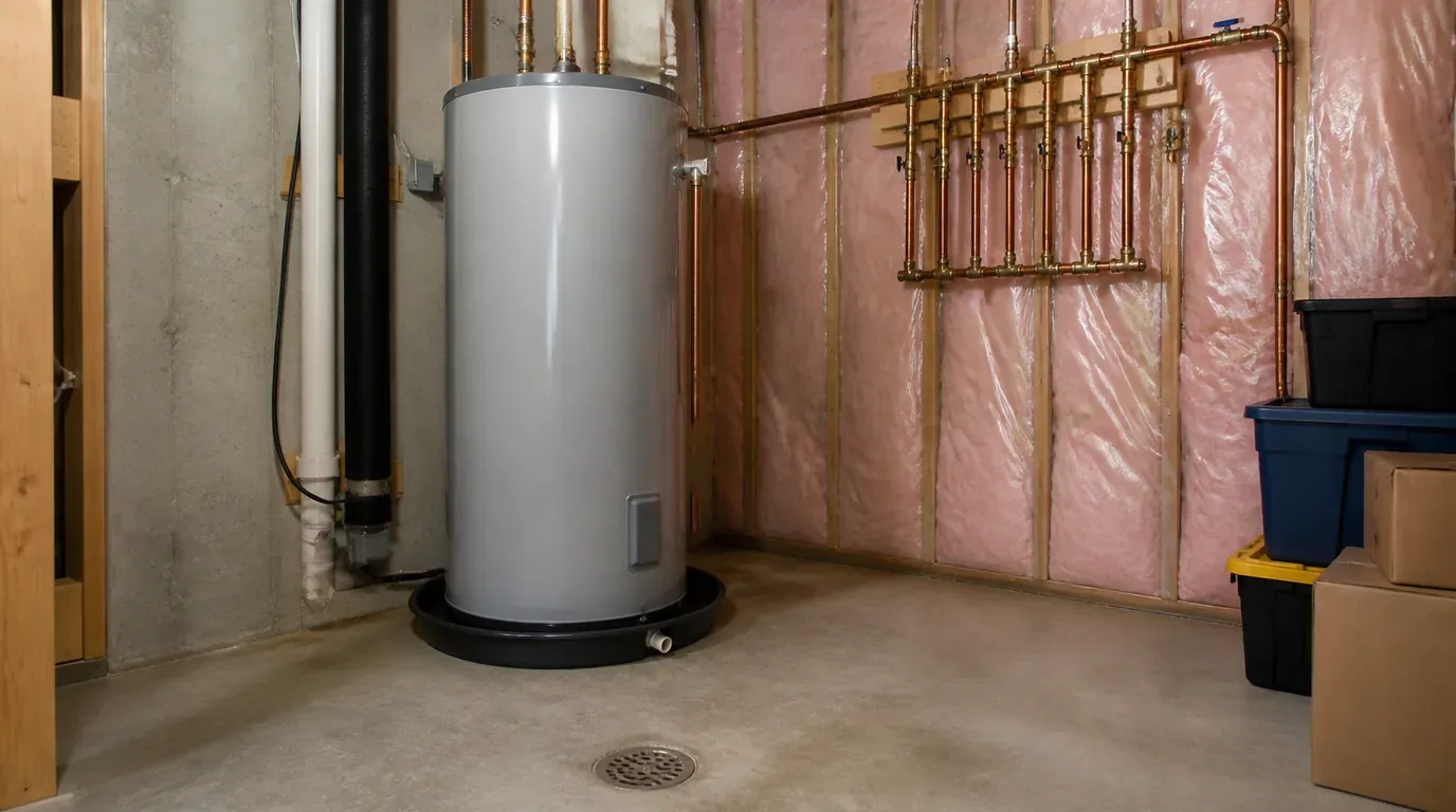 A tank water heater on a drain pan in an unfinished basement utility area with a copper manifold and a floor drain
