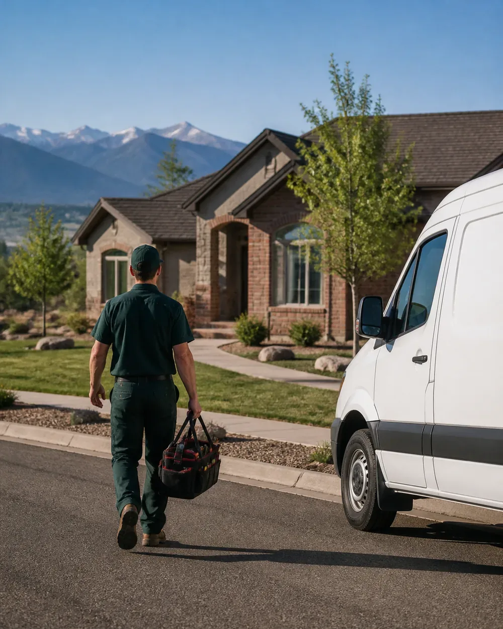 A plumber in a dark green uniform carrying a tool bag toward a brick and stucco Colorado ranch home with the Front Range behind it
