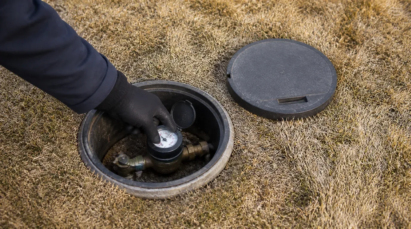 A gloved hand checking the dial of a water meter inside an open meter pit set in a Colorado front lawn
