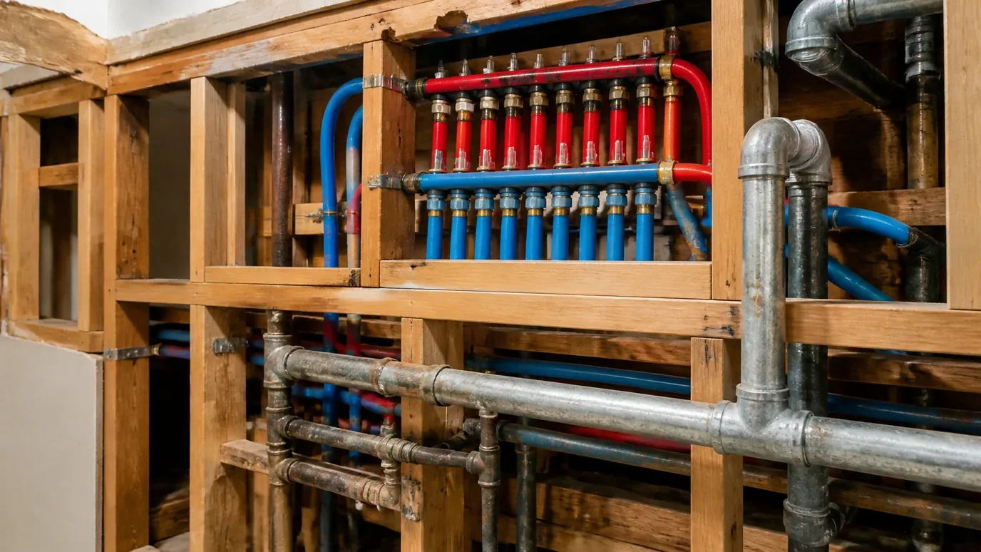 New red and blue PEX pipe and a manifold in open framing beside older galvanized pipe