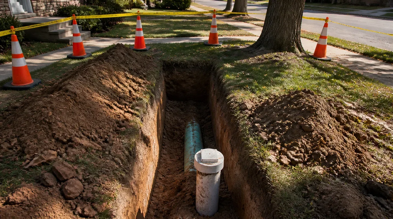 An excavated trench in a front lawn exposing a sewer pipe and cleanout, fenced with cones and caution tape
