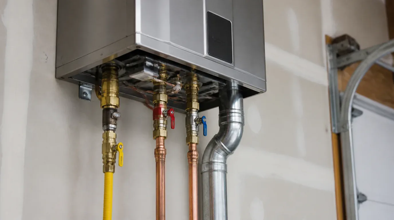 The underside of a wall-mounted tankless water heater showing gas and water connections, shutoff valves and an exhaust vent
